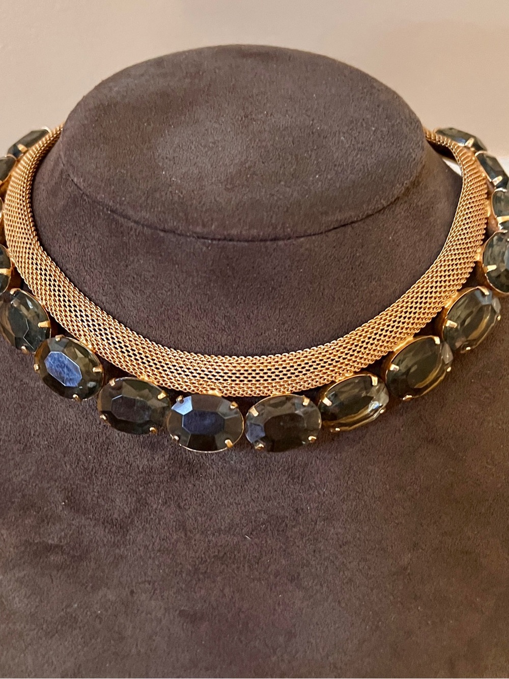 Vintage Smokey Quartz glass gold tone mesh choker riviere style necklace